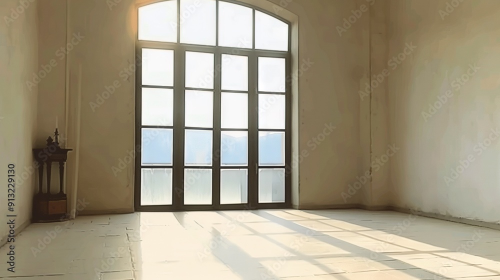 Sticker   An empty room featuring a spacious open window and a clock positioned against its adjacent wall