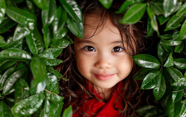 A young child explores nature, capturing beautiful moments amidst vibrant green leaves and enjoying a sunny outdoor experience