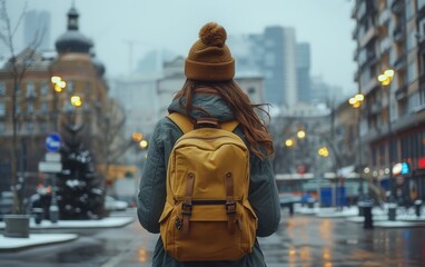 Fototapeta premium A young woman walks through a city street, wearing a yellow backpack and a warm hat, amidst a rainy winter day