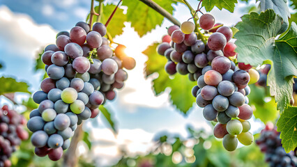 Vineyard with ripe grapes at sunset ,Bunch of Black Wine grape over green natural vineyard garden background, Kyoho Grape with leaves in blur background. generative ai