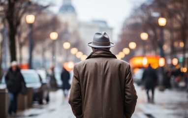 An elderly man wearing a coat walks down a bustling street lined with trees and streetlights on a cloudy day