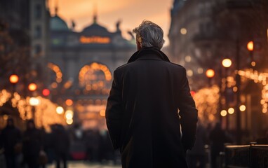 Fototapeta premium An elderly man with gray hair walks leisurely through a bustling city street, illuminated by warm lights during sunset