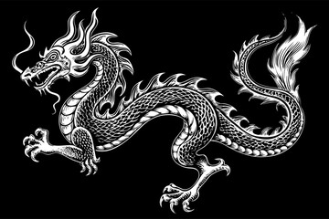 Obraz premium Chinese dragon white line art on black background, vector
