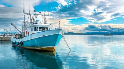 Obraz premium A fishing boat rests peacefully at the harbor, reflecting on the calm water as clouds drift across a bright blue sky.