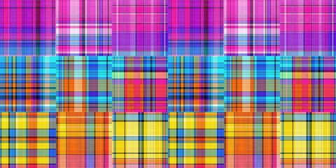 Fototapeta premium Cozy plaid patterns seamless border background in colorfull autum fall home decor. Woven patchwork style effect for seamless edging banner