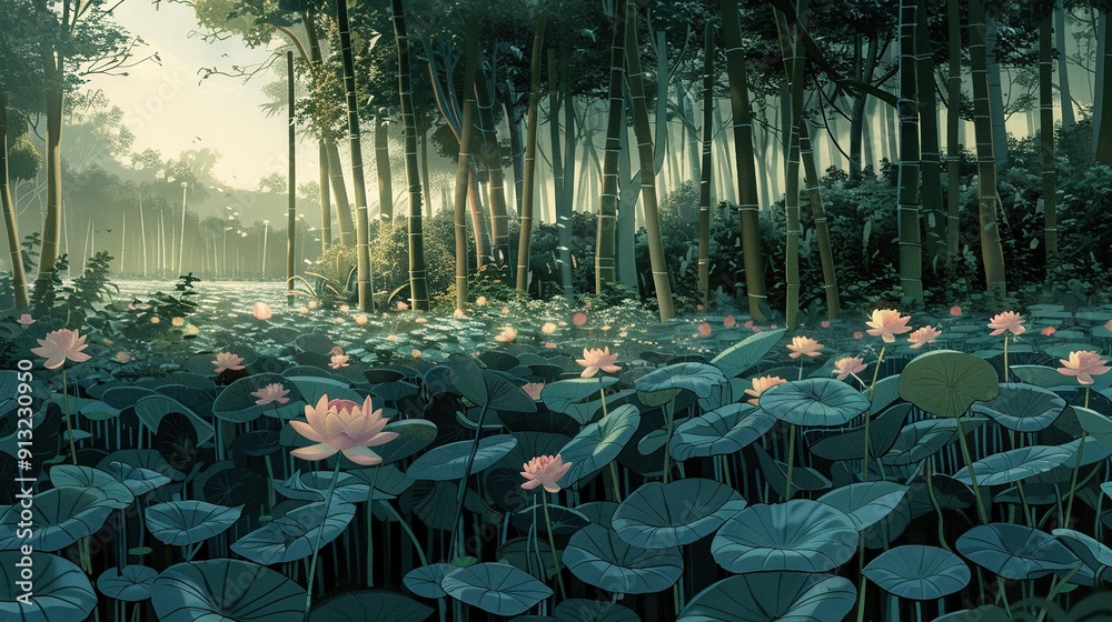 Wall mural   A painting depicts a dense woodland with numerous water lilies and a serene lake encircled by towering, verdant foliage