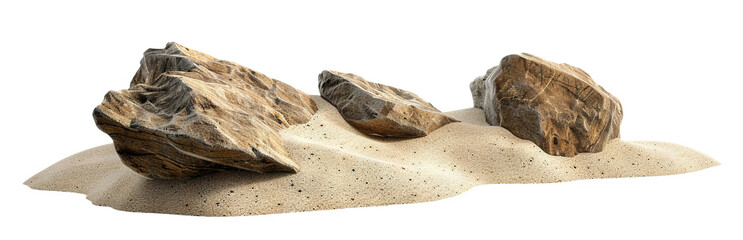 Fototapeta na wymiar Natural rock formation along sandy beach under bright daylight, cut out
