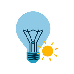 Solar energy, lamp. Light bulb and sun. Lightbulb with filaments and base. Alternative eco power. Electricity. Energy source. Flat style. Color image - blue and yellow. Isolated. Vector illustration