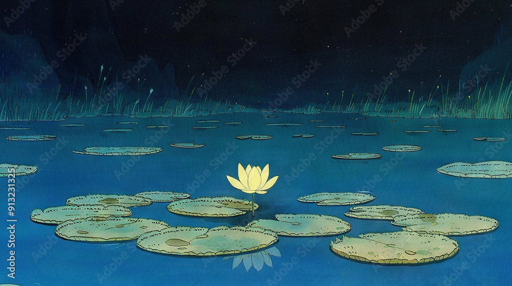 Poster   Water Lilies in Pond at Night with Yellow Flower