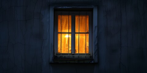 A window with a light shining through it. Scene is warm and inviting