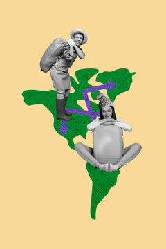 Vertical collage image young man woman luggage valise world map travel arrows direction farmer agriculture worker