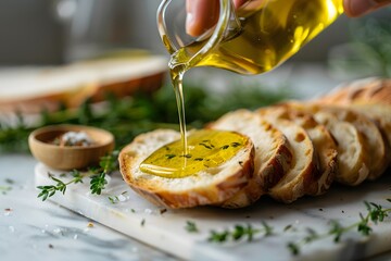 Pouring Olive Oil on Fresh Crusty Bread Slices with Herbs Mediterranean Cuisine Close Up