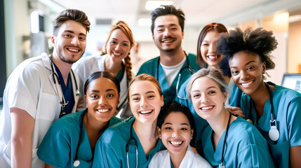 A group of young diverse medical students and nurses standing together and smiling in a hospital or clinic setting showcasing the collaborative positive