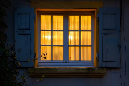 A window with yellow trim and white curtains is lit up by the sun. The light shines through the window, creating a warm and inviting atmosphere - Powered by Adobe