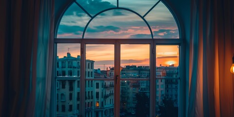 A window view of a city at sunset. The buildings are tall and the sky is filled with clouds. The sun is setting and the light is soft and warm