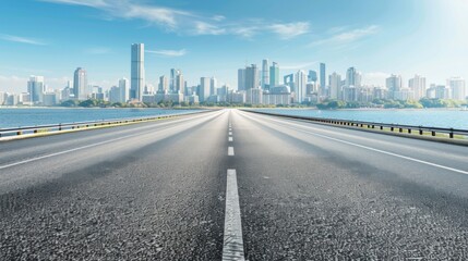 Asphalt Highway Road with City Skyline Background, Featuring a Wide Perspective and Urban Landscape.