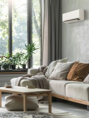 A stylish living room with a cozy sofa, fluffy blankets, and plenty of plants, illuminated by natural light streaming through the large windows. Generative AI
