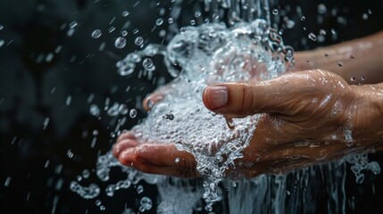 Fototapeta premium Hands Under Flowing Water with Splashing Droplets