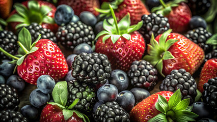Fototapeta premium variety of fruits and berries on a wooden table. The table fills most of the frame, and the fruits are scattered across it in a colorful display. generative ai