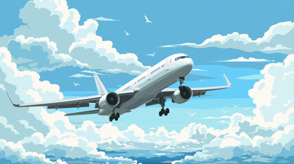 Obraz premium A large airplane in mid-flight against a backdrop of clear blue sky and scattered white clouds.