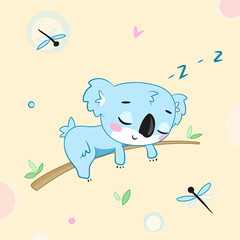 cute baby koala sleeps on the tree branch 