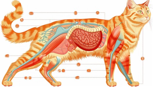 Detailed illustration of a ginger cat anatomy showing its internal organs and muscular system on white background
