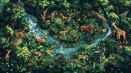 digital pixel art scene featuring a birds eye perspective of an expansive wildlife reserve, depicting various animals in their natural habitats amidst flourishing flora