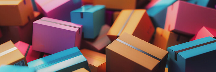 A vibrant banner showcasing a pile of colorful delivery cardboard boxes, highlighting their bright hues and playful arrangement in a visually appealing design
