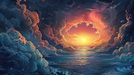 A breathtaking digital artwork of a vibrant sunset over a surreal ocean surrounded by dramatic clouds, creating a mesmerizing and ethereal atmosphere.