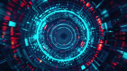 Fototapeta premium Digital abstract background featuring vibrant blue and red circular patterns with a futuristic technology theme.