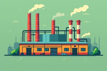 Industrial Factory With Red Chimneys and Green Background