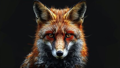 Fototapeta premium A close-up digital illustration of a red fox against a dark background, showcasing detailed fur and intense eyes.