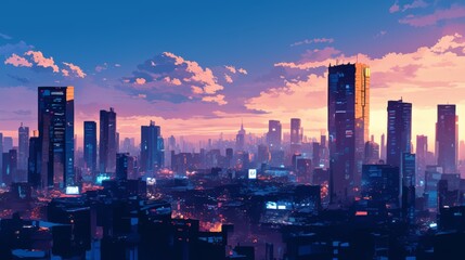 Obraz premium anime style City Skyline at Sunset, Vector Illustration of Urban Landscape with Warm Sunset Colors, Ideal for Cityscape Designs