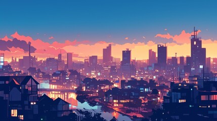 Naklejka premium anime style City Skyline at Sunset, Vector Illustration of Urban Landscape with Warm Sunset Colors, Ideal for Cityscape Designs