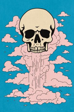 Surreal skull illustration with clouds on blue background