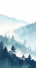 Obraz premium Light Blue Mist Foggy Forest Landscape with Hills and Pine Trees in Vector Illustration Style, Minimalist Watercolor Design