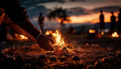 Campfire stories with people gathered around a fire, sharing tales under the stars, Nostalgic, Warm hues, Photography