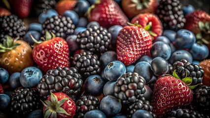 variety of fruits and berries on a wooden table. The table fills most of the frame, and the fruits...