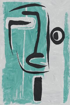 Abstract face illustration in mint and black tones