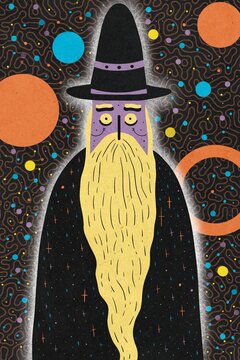 Cosmic wizard with patterned background in textured illustration