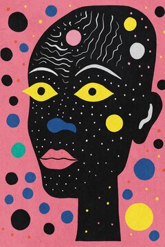 Surreal head illustration with abstract dotted patterns