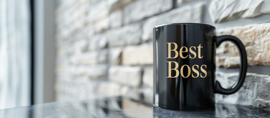 Photorealistic large black coffee mug labeled "best boss" on white brick wall background with copy space for text or design, Boss's Day