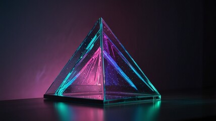 Image features a modern, geometric art piece in the form of a transparent glass pyramid. The pyramid is illuminated from within by vibrant neon lights in shades of blue, pink, and purple