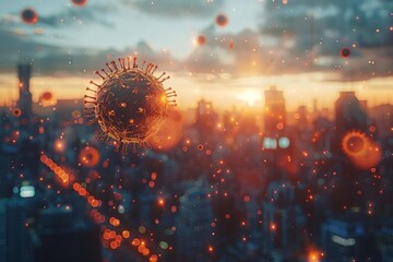 A conceptual image of a virus particle over a city's skyline at sunset, representing health and global pandemic concerns.