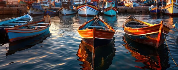 Obraz premium Coastal culture with colorful boats and fishermen at a bustling port, Realism, Bright colors, Photography