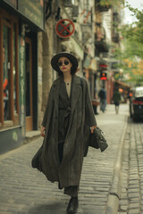 A woman wearing a hat and sunglasses walks down a city street