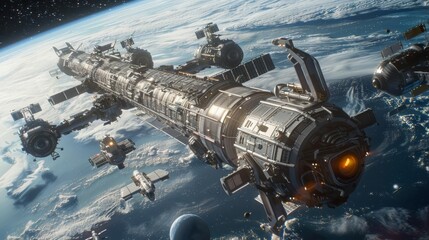 Futuristic space station in Earth's orbit with multiple spaceships docked, depicting advanced space exploration technology.