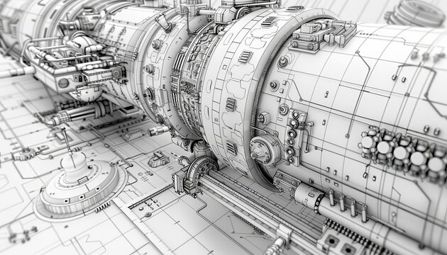 Intricate mechanical structure sketch depicting futuristic industrial design with detailed technical elements and complex machinery.