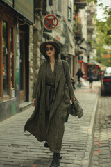 A woman wearing a hat and a long coat walks down a street