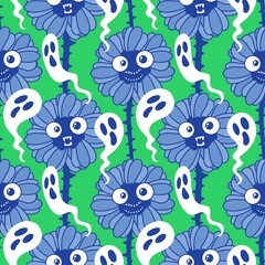 Autumn floral seamless Halloween skulls flower pattern for wrapping paper